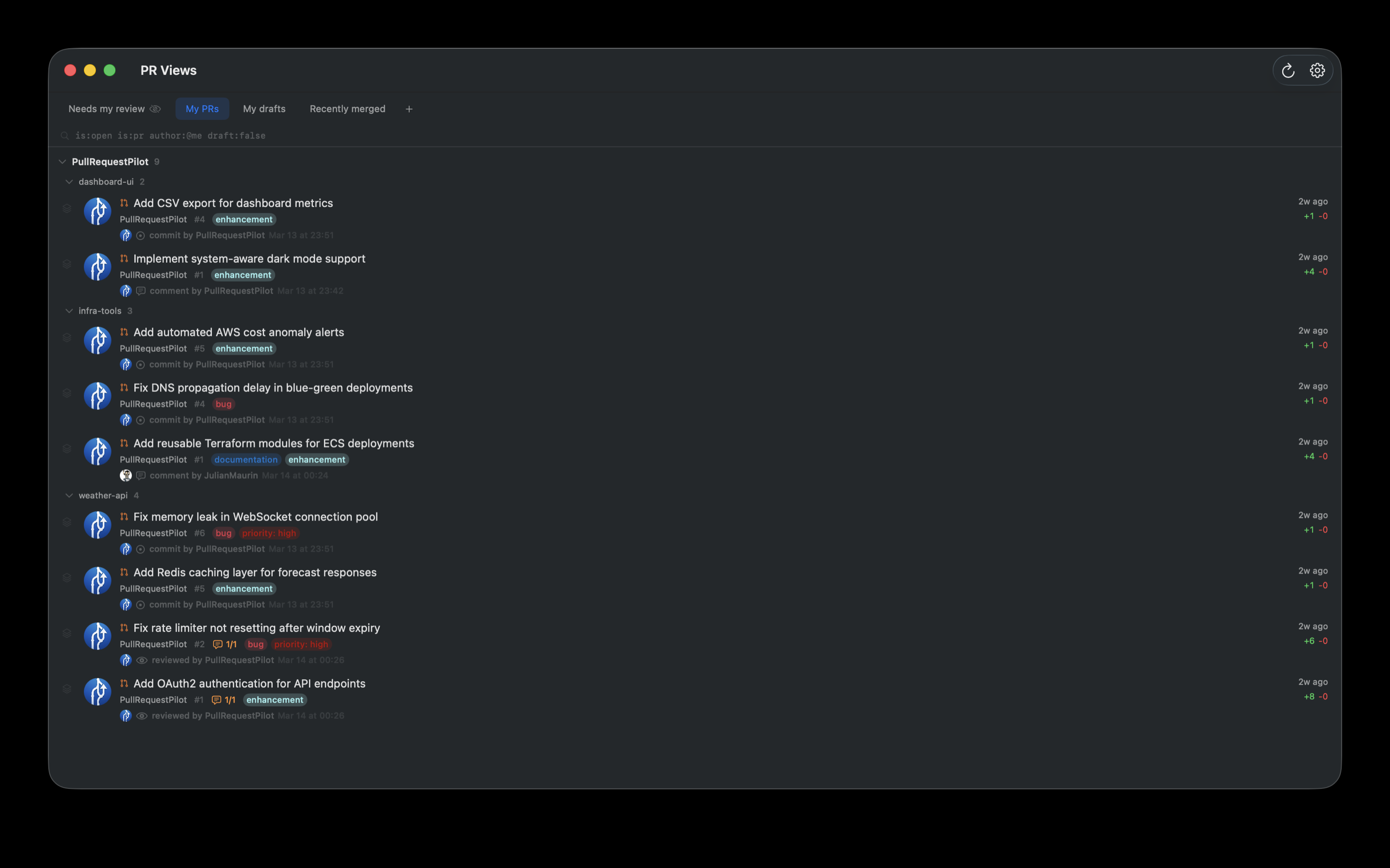 Pull Request Pilot — PR list with detail panel